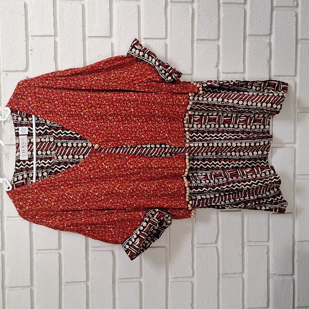 Chaus  Boho Red Patterned Beaded 1 Button Overlay Top. Size 20